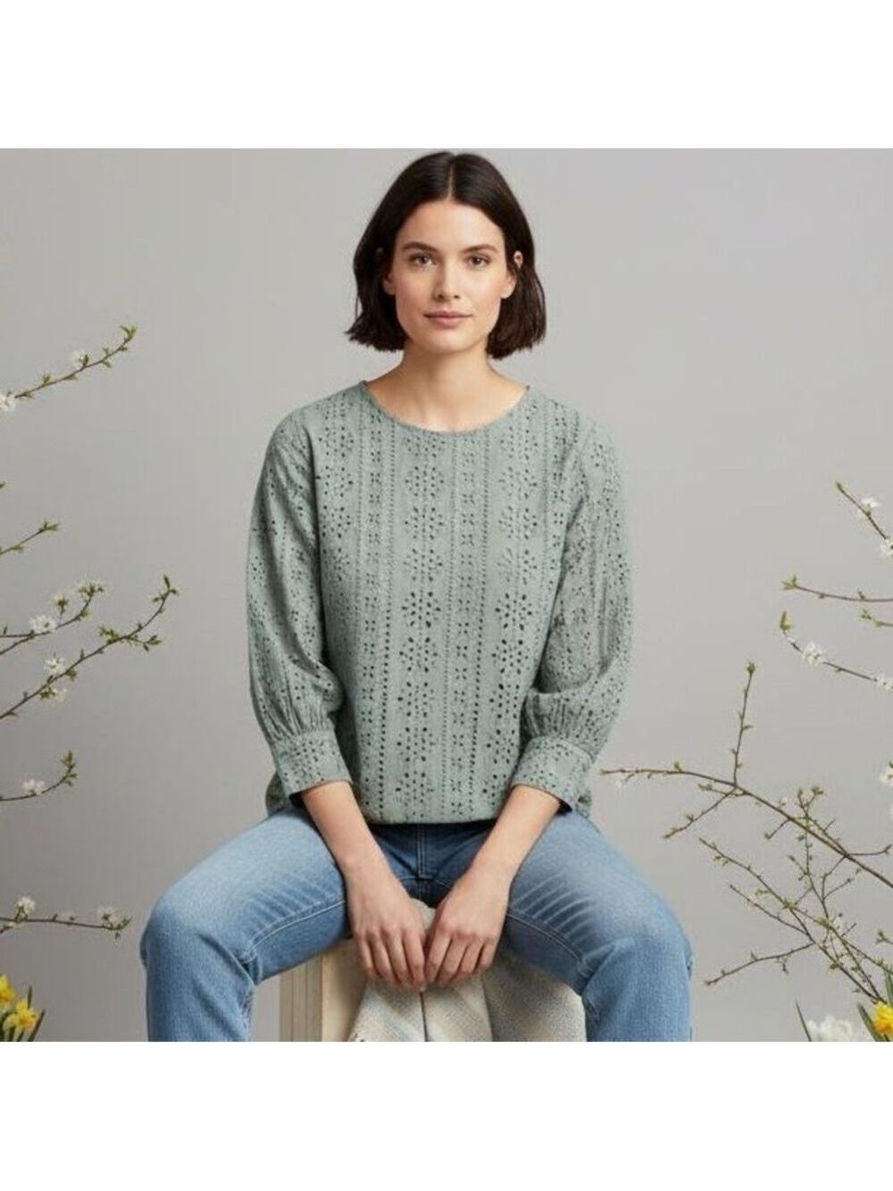 Piazza Del Tempio Cotton Eyelet Crochet Top Olive Green Size Large Italy